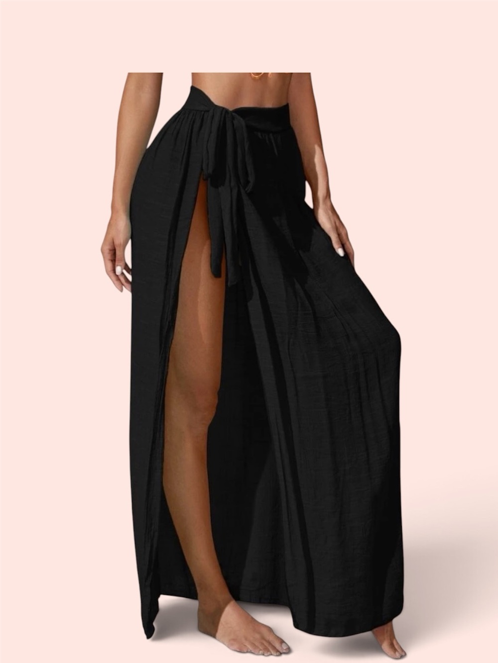 Black High-Slit Tie-Waist Maxi Beach Skirt/ coverup